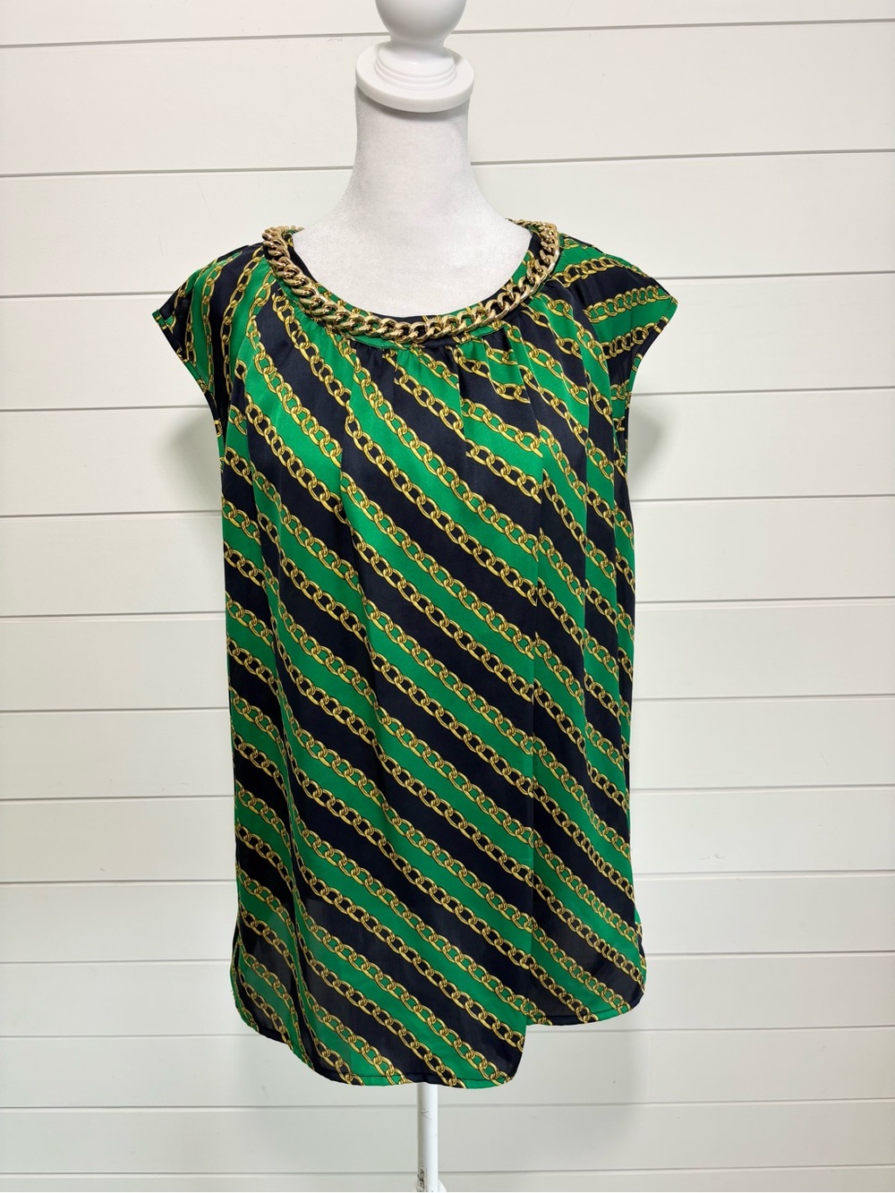 Michael Michael Chain Neck Sleeveless Blouse Green Black Gold Size L